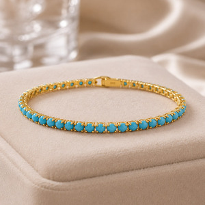 925 Sterling Silver Vintage <b>Gold</b> Turquoise Cabochon Chain Link Tennis <b>Bracelet</b> for Women - Product Image 1