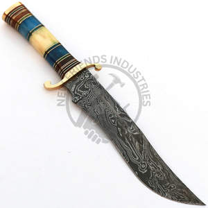 Cuchillo de caza Bowie de acero de Damasco de 12 pulgadas, edición nueva, hecho a mano, extra afilado, hoja fija, para camping, con mango de hueso de camello de color. - Product Image 6