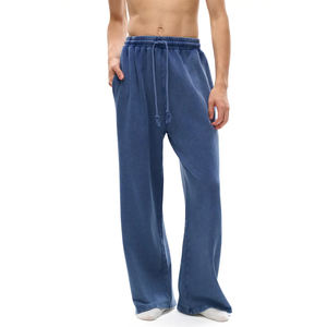 กางเกงขายาวทรงตรงผ้าฝ้ายคุณภาพสูง 100% ซักแบบสโนว์วอช เอวกลาง สไตล์ลำลอง น้ำหนักเบา ผ้าฟลีซทรงหลวม สีเข้ม - Product Image 5