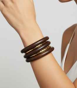 Brazaletes de Madera de Lujo con Incrustaciones Rectangulares de Metal de Latón, Colección Apilable de Estilo Bohemio, Artesanía en Resina - Product Image 5