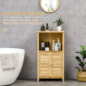 Mobiletto a torre in bambù naturale per soggiorno e bagno, con ripiani multipli e ante - Product Image 4