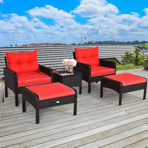 Ensemble de canapés en rotin d'extérieur, mobilier de patio 5 pièces avec coussins, chaises, poufs et table, conception durable résistante aux intempéries - Product Image 2