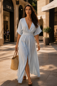 Vestido de Sirena con Cuello en V para Mujer, Calidad de Exportación, Ecológico, Informal, para Vacaciones de Verano en la Playa, Cómodo, Transpirable y Suave - Product Image 4