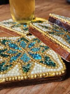Handmade Beaded <b>Bar</b> <b>Mat</b> Luxury Vintage Style Crystal Mosaic Design Gold White Green 4 Inch Square Drinkware Accessory - Product Image 3