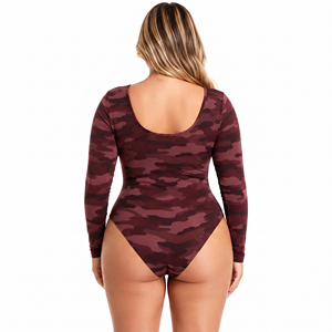 Women's Plus Size <b>Camouflage</b> Bodysuit Scoop Neck Long Sleeve Swim Suit Summer Beachwear One Piece Breathable Bathing Suit Ladies - Product Image 3