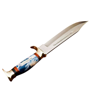 Cuchillo Bowie Hecho a Mano con Hoja de Acero Pulido Plateado, Mango Azul y Blanco, Guardacuchillo Dorado, Cuchillos de Caza Personalizados de Hoja Fija para Exteriores - Product Image 5