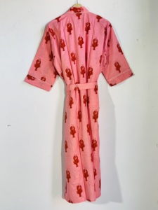 Bata Kimono de Algodón con Estampado de Langosta Rosa para Mujer, Hecha a Mano, Ligera, con Cinturón - Product Image 4