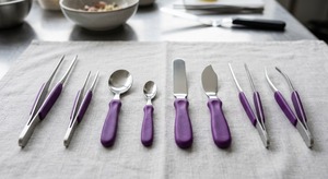 10-Piece Purple Handle <b>Utensil</b> <b>Set</b> Metal Spoons Knives Tongs Anti-Slip Grip Professional Food Plating Tools Altomme Instruments - Product Image 5