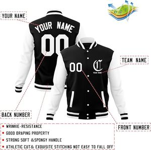 Custom <b>Men's</b> Varsity <b>Jacket</b> Black White <b>Letter</b> Print Personalized Name Number Front Logo Turn-Down Collar Casual Style - Product Image 3