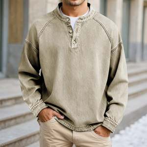 เสื้อโปโลผู้ชายสไตล์วินเทจ คอเฮนลีย์ แขนยาว ติดกระดุม ทรงหลวม สีพื้น ลุคสบายๆ ซักย้อมสีแบบแอซิดวอช ขายส่ง - Product Image 6