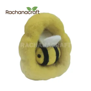 Needle Felted Handmade Gift Item Felt Bumble Bee With Hive Yellow Black Color Wool Hobby Craft For Garland & Bee & Nature Lover