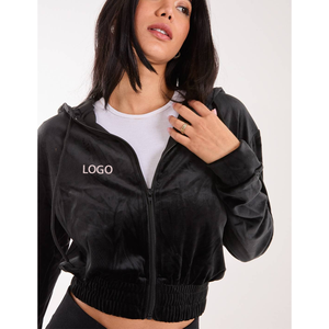 Sudadera con capucha de terciopelo suave y afelpado para mujer, corte crop, para otoño/invierno, suministro ODM, bordado, estilo urbano, de secado rápido, gruesa, color liso. - Product Image 5