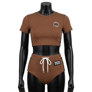 Traje de Baño de Dos Piezas para Mujer, 220 GSM, Tejido de Poliéster y Spandex Acanalado, Panel Marrón, Logotipo Personalizado - Product Image 4