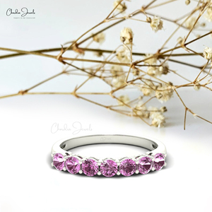Bague demi-éternité en or massif 14 carats avec saphir rose naturel taille brillant 3 mm, best-seller, à prix réduit - Product Image 2