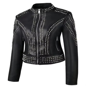 Blouson Moto en Cuir PU pour Femme, Manches Longues, Décorations Rivets, Col Montant, Fermeture Éclair, Coupe Courte, Style Automne - Product Image 1