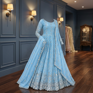 Robe Anarkali brodée bleu clair pour femme, longueur ras du sol, tenue de mariage traditionnelle avec dupatta, style Inde Pakistan - Product Image 5