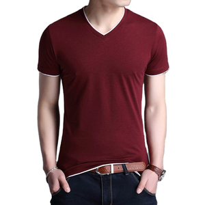 T-shirt d'été pour homme en coton tricoté de haute qualité, 100 % coton, col en V, manches courtes, avec bordure contrastée, couleur unie, écologique, col en V profond - Product Image 2