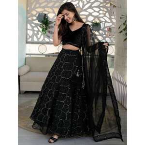 Magnifique Lehenga Choli en Organza Noir Brodé pour Réception, Vêtement Zeel Semi-Couture, 2,5 kg, Fabrication Manuelle - Product Image 5