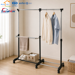 Porte-vêtements à roulettes robuste à double rail en métal avec étagère à chaussures et barre porte-serviettes - Product Image 5