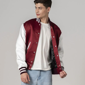Chaqueta Varsity de Satén Personalizada para Hombre, Estilo Casual, Chaqueta Bomber con Cuello y Puños a Rayas, Botones a Presión, Estilo Urbano - Product Image 6