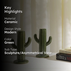 Elegant design green ceramic cactus <b>vase</b> 20cm minimalistic playful saguaro flower <b>vase</b> <b>unique</b> glossy green pottery - Product Image 3