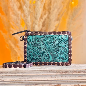 2026 New Customized Designer Hand Tooled Florals Carved 100% Genuine Leather Western Stylish Mini Card <b>Holder</b> <b>Wallet</b> For Women's - Product Image 1