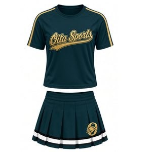Ensemble uniforme de cheerleading vert sarcelle foncé et or, haut à manches courtes et jupe plissée, tenue d'équipe sportive pour entraînement, performance et compétition - Product Image 1