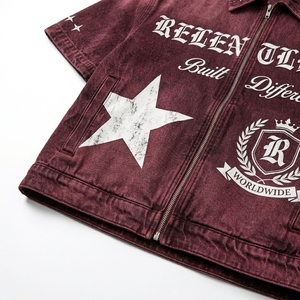 Veste en jean délavé pour homme 100% coton, impression personnalisée, manches courtes, fermeture éclair sur le devant, streetwear, été, automne, hiver, fournisseur personnalisé - Product Image 3