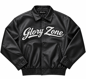 เสื้อแจ็คเก็ตบอมเบอร์หนังสีดำแบบสั่งทำพิเศษ Glory Zone พร้อมลายปัก Glory Zone เสื้อโค้ทหนังเทียมพรีเมียมสไตล์สตรีทแวร์สำหรับทุกเพศ - Product Image 1