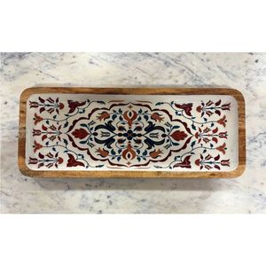 Bandeja de servir de madera de mango hecha a mano con incrustaciones, bandeja decorativa otomana para cocina, plato de madera con asas recortadas, bandejas de madera - Product Image 5