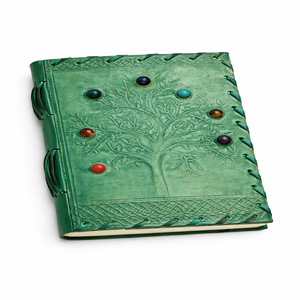 Embossed Leather <b>Journal</b> with Tree Motif Artisan Handmade Notebook with Stone Accents & Antique Look - Product Image 1