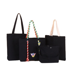 Juego de Bolsas Tote Negras con Asas de Cuerda Coloridas, Ecológicas, Duraderas, Resistentes al Agua, de Poliéster/Algodón, Tejido Liso Teñido - Product Image 1