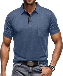 Polo à manches courtes pour homme, bleu, uni, tricoté, décontracté, avec poche, tissu jersey respirant - Product Image 1