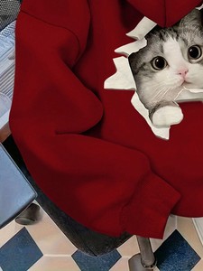 Women's Red Hoodies With Cat Print <b>Back</b> Design Casual Cotton Sweatshirt Regular Fit Autumn Winter <b>Drop</b> Shoulder Custom Logo OEM - Product Image 2