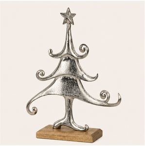 Handcrafted Minimalist Silver Metal Xmas <b>Tree</b> <b>Tabletop</b> Ornament Elegant Festive Centerpiece With Rustic Wood Stand High-Quality - Product Image 5