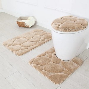 Ensemble de 3 tapis de bain en chenille beige, rectangulaires, antidérapants, à poils longs, pour la salle de bain, usage domestique - Product Image 1