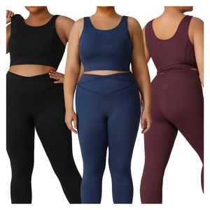 Premium Women's Solid Plus Size Yoga Set | Seamless Breathable Spandex/<b>Nylon</b> <b>Leggings</b> Crew Neck Bra | Eco-Friendly Anti-Wrinkle - Product Image 4