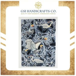 Tapis rectangulaire tendance en laine mélangée, tufté à la main, motif grue bleu-gris et floral, antidérapant, style bohème, pour salon, en vente - Product Image 2