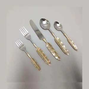 Stainless Steel <b>Salad</b> Flatware Set with Fork Knife Spoon Teaspoon Gold Leaf Handle Collection with Spoon Fork Knife and Teaspoon - Product Image 1