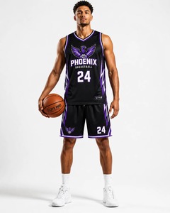 Ensemble de maillots de basket-ball unisexes personnalisés, noir et violet, respirant, grande taille, % polyester, vêtements de sport pour toutes les saisons - Product Image 1