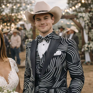 Costume de smoking noir imprimé pour homme, 3 pièces – Costume moderne de créateur pour mariage, soirée ou bal de promo avec revers en satin - Product Image 1