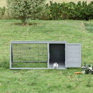 Gabbia per Conigli e Piccoli Animali in Legno con Struttura a A, 117x61 cm, con Recinto Esterno e Rete di Ventilazione, Grigia, per Esterni - Product Image 1