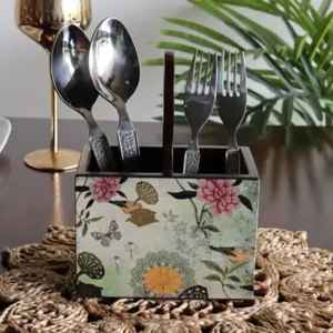 Organizador de Cubiertos de Madera Impresa con Múltiples Compartimentos, Caja de Almacenamiento Decorativa para Mesa de Cocina - Product Image 1