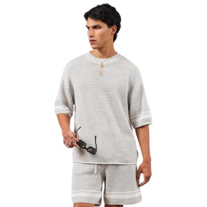 T-shirt en tricot crocheté à rayures contrastées gris à manches courtes, tricot texturé, décontracté d'été, respirant, col rond - Product Image 6