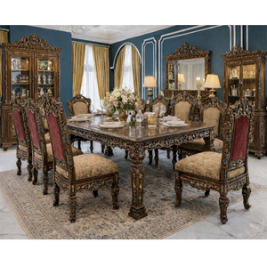 Muebles de Comedor Europeos de Lujo Tallados a Mano, Comedor Tapizado Estilo Corona con Gabinete, Compre un Juego de Comedor de Madera de Teca en el Reino Unido - Product Image 1