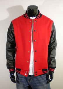 Veste universitaire rouge pour homme avec manches en cuir PU noir, col rabattu, fermeture éclair, vêtement décontracté pour l'automne - Product Image 5