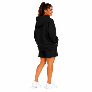 Women's 2 Piece Hoodie Shorts <b>Set</b> Solid Black Fleece Long Sleeve Loose Fit Casual Drawstring Pocket All Seasons Wear - Product Image 4