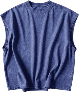 Mens Acid Wash Cropped Tank <b>Tops</b> Dolman Sleeve Oversized Vintage Muscle Sleeveless Boxy <b>Crop</b> <b>Top</b> 100% Cotton Badge <b>Sequined</b> - Product Image 6