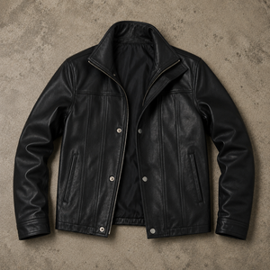 Men's <b>Black</b> Genuine Leather Biker Jacket Stand Collar Zipper Closure Regular Fit Solid Color Casual Winter Wear Hooded - Product Image 1