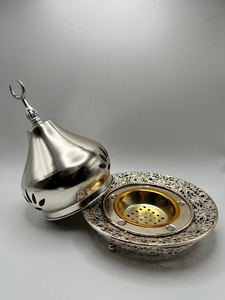 Wholesale Dome <b>Silver</b> Metal Incense <b>Burner</b> Bulk Luxury Polished Bakhoor Censer with Crescent Moon Finial and Filigree Base Decor - Product Image 2